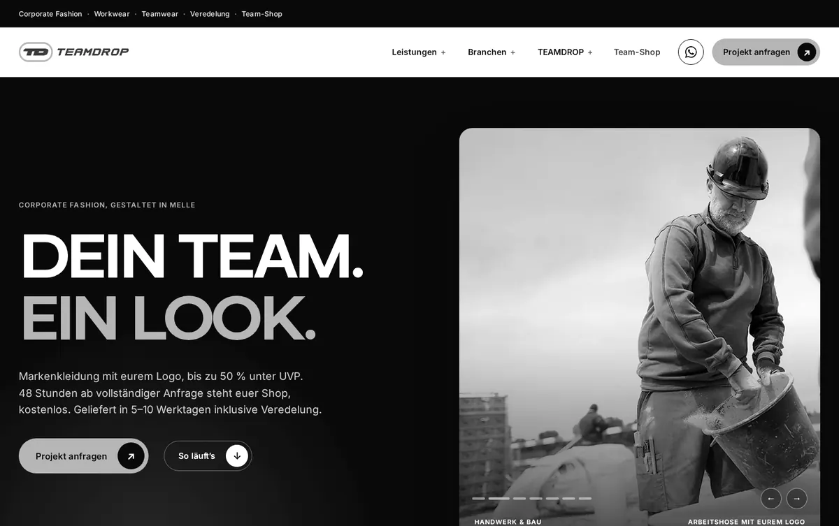 Website TEAMDROP – Desktop-Vorschau