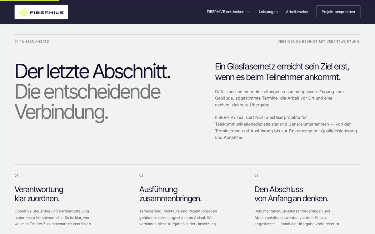 FIBERHIVE: weitere Desktop-Ansicht der Website