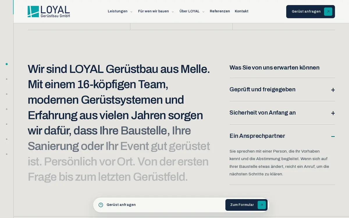 LOYAL Gerüstbau: weitere Desktop-Ansicht der Website