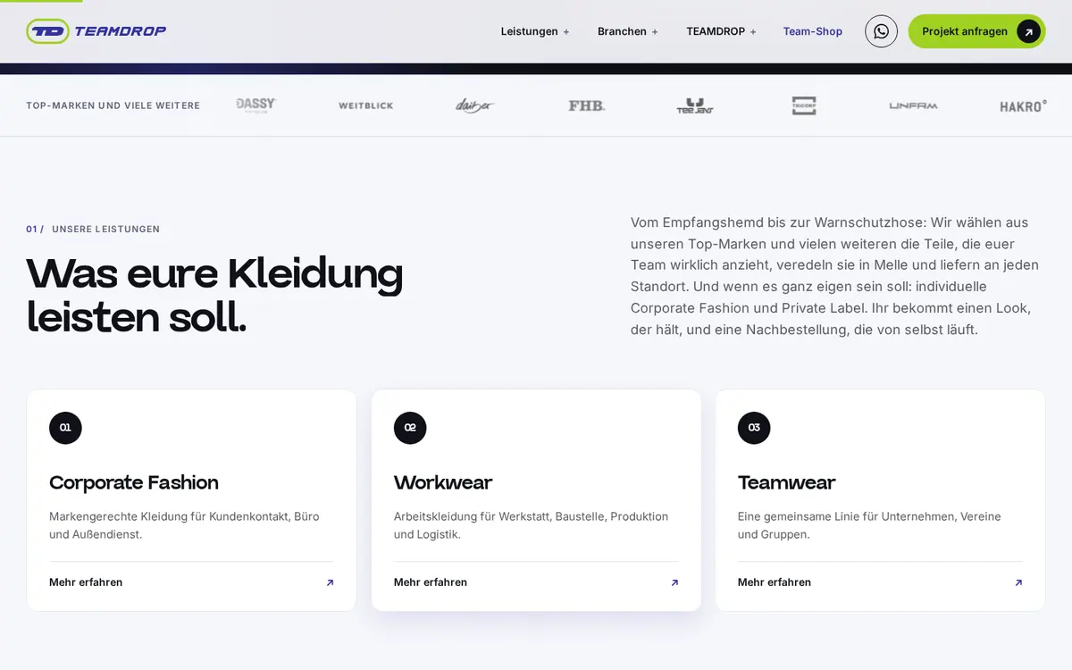 TEAMDROP: weitere Desktop-Ansicht der Website