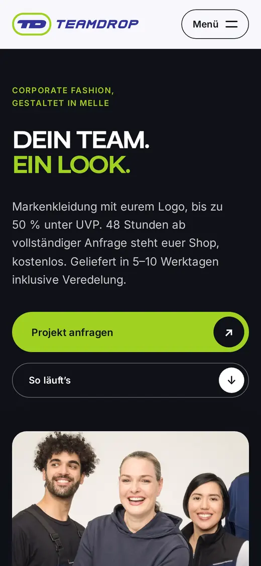TEAMDROP: vollständige Mobilansicht